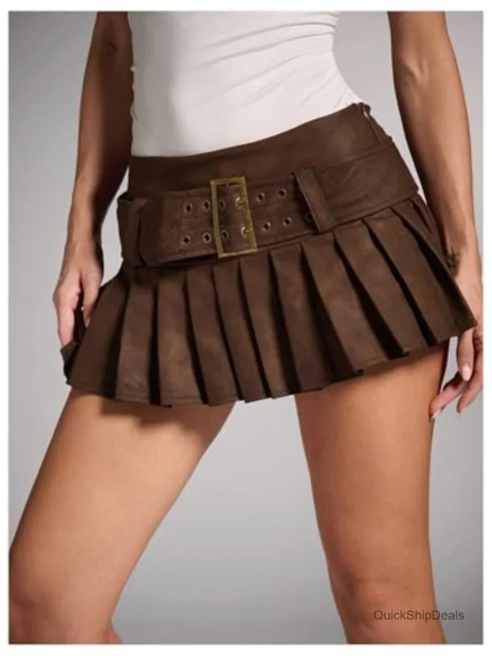 Y2K Low Rise Pleated Mini Skirt with Buckle Belt & Zipper